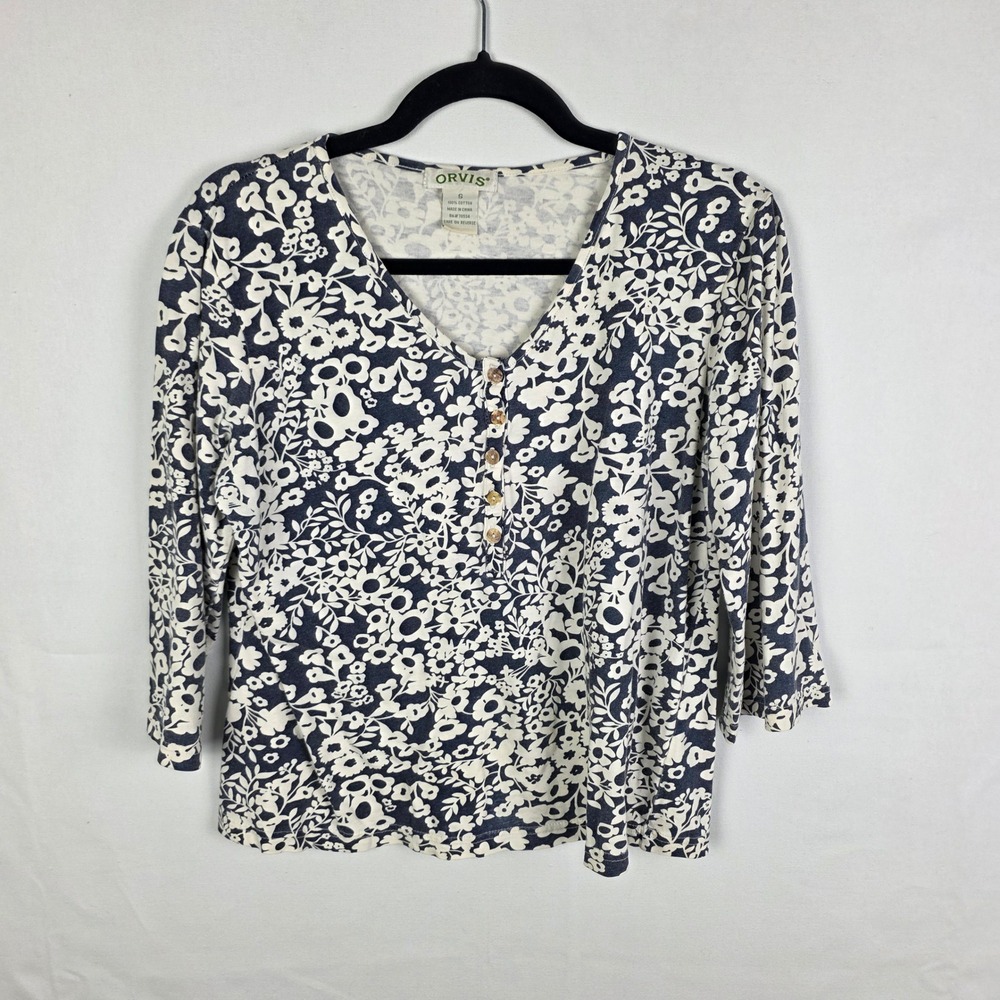 Orvis Womens Blue White Floral Cotton Henley V-Neck 3/4 Sleeve Top Size S